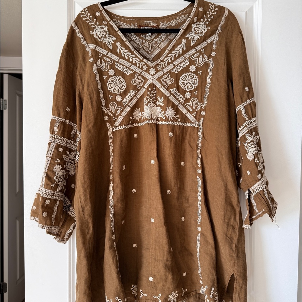 Johnny Was Linen Brown and Ivory Embroidered Tunic